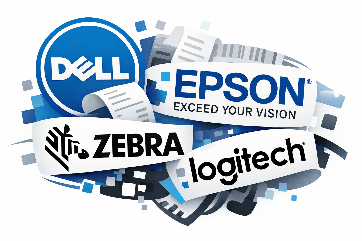 Logo de tous les partenaire de PosEurop : Logitech, Dell, Zebra, Epson.