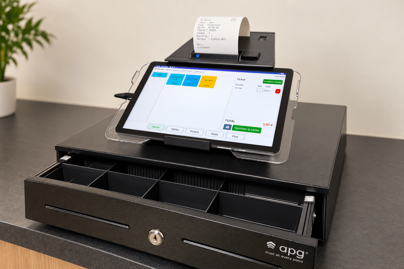 Installation réelle AZ Management avec tablette tactile, imprimante tickets et tiroir-caisse
